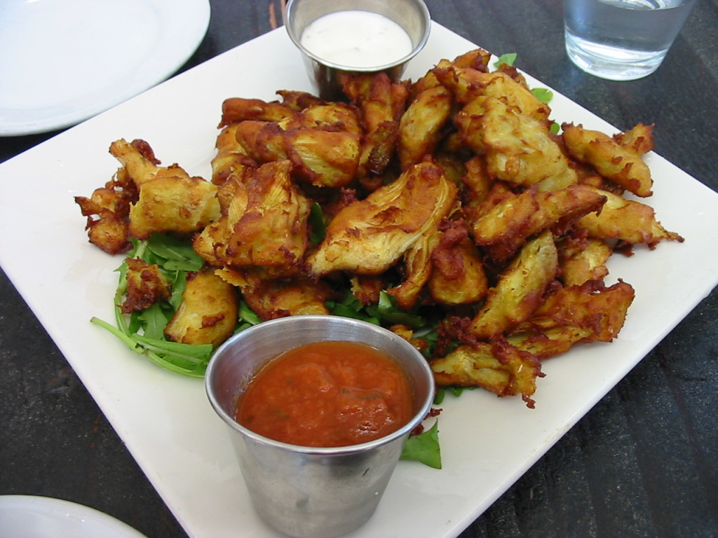 Fried artichoke hearts with marinara and ranch dipping sauce, from Sage Bistro, LA. Perfect example of 'food.'