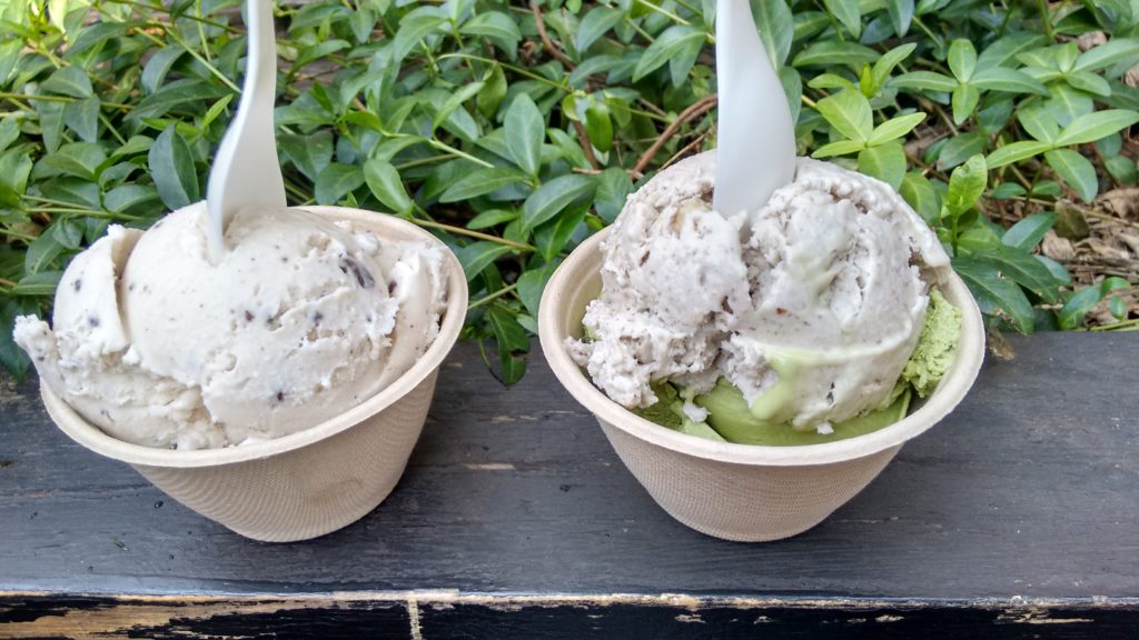 One mint choc chip/cookie dough, one banana nut/matcha. Bliss.